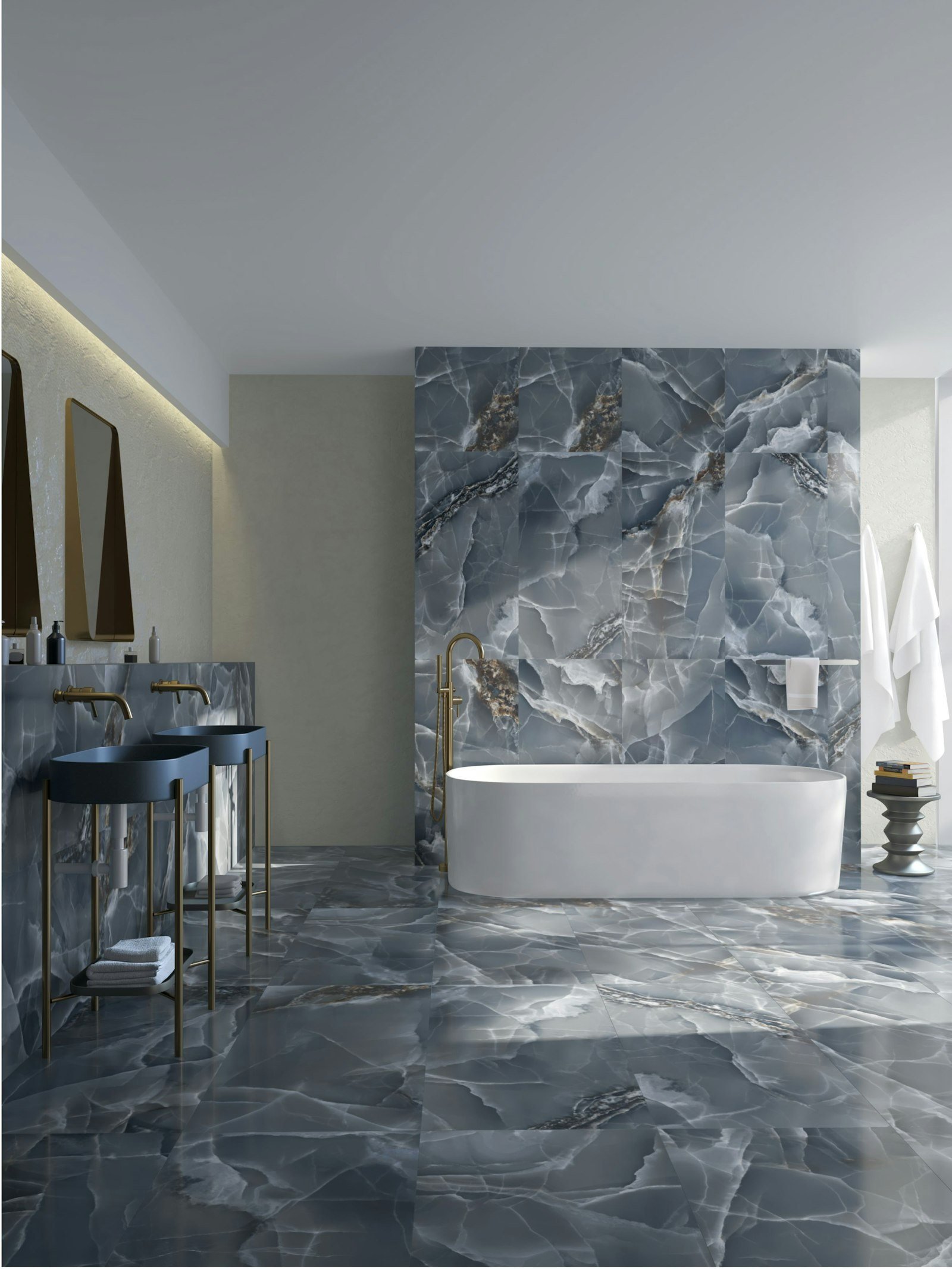 Blue marble porcelain tiles in a bathroom